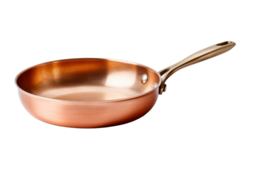 A copper frying pan with a gleaming, polished surface, isolated on a white background