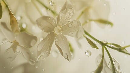 Close-up of wet jasmine flower with stem, soft cream blur background, rain drops, delicate and aromatic composition.