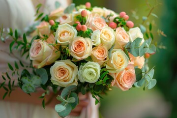 Bridesmaid Bouquet. Wedding Flowers for Bride. Beautiful Green Background with Roses and Arrangement