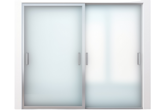 A contemporary sliding door with a frosted glass panel and a hidden track. Isolated on white background.