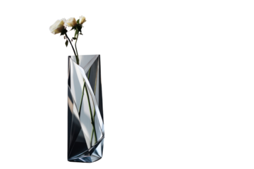 A contemporary clear glass vase with a simple, geometric shape.