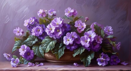 Obraz premium Vibrant Purple Flowers in a Pottery Bowl, Flower Still Life Painting