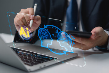 Businessman interacting with AI holographic interface, symbolizing artificial intelligence technology. Ideal for innovation, digital business themes.