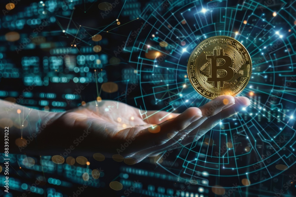 Aufkleber hand holding physical bitcoin against digital backdrop with copy space for text placement