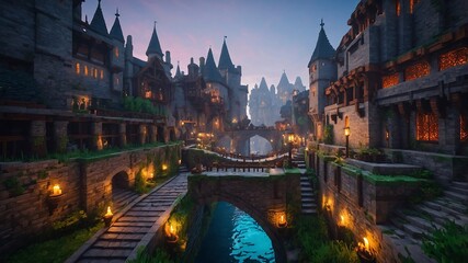 Urban architecture, ancient castle, fantasy, 8-bit style.