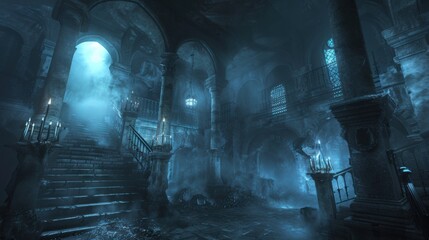 Ghostly Hauntings in an Eerie Castle with Flickering Torches