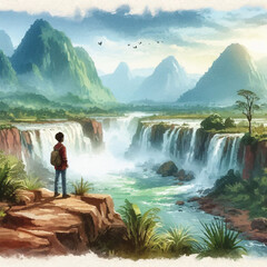 Obraz premium Rear view of teenage boy sitting on rock looking at lake and mountains