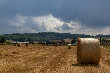 Agricultural landscape, hay bales in the field, hot summer day with threatening sky