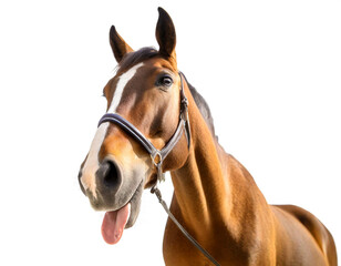 Obraz premium Pferd mit rausgesteckter Zunge isoliert auf weißen Hintergrund, Freisteller 