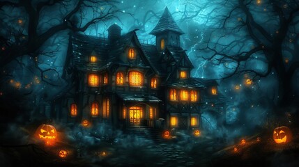 Spooky haunted house illuminated by jack-o'-lanterns in eerie forest setting. Perfect for Halloween-themed content and decorations.
