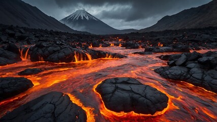 Naklejka premium Lava burning on the mountain at night