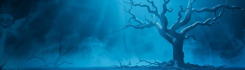 Naklejka premium Mysterious and eerie tree silhouette on a foggy night, surrounded by blue mist, exuding an otherworldly and enchanting atmosphere.