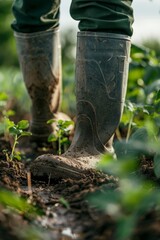 A close-up of a farmer's feet clad in rubber boots amidst green field plants, emphasizing agricultural work and farming activities.