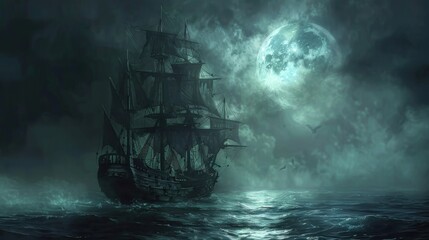 Phantom Pirates: Haunting Spectral Crew on Moonlit Sea with Eerie Atmosphere