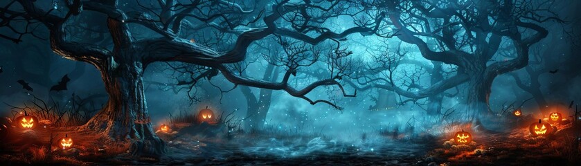 Spooky forest scene with glowing jack-o'-lanterns, twisted trees, and foggy atmosphere, perfect for Halloween-themed projects.