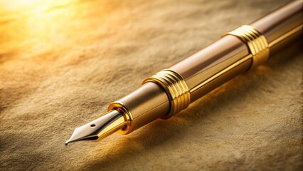 Luxurious gold-nibbed pen lies diagonally across cream-toned paper, surrounded by subtle parchment texture and warm, soft, golden lighting ambiance.