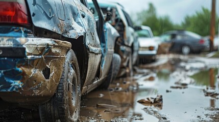 Smashed Car. Severe Hail Damage on Parked Car in Urban Setting