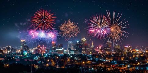 Vibrant and colorful fireworks lighting up the night sky over a bustling cityscape, creating a breathtaking spectacle of celebration and joy.