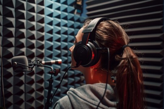 Female voice artist in soundproof studio preparing for professional dubbing session