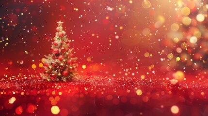 Festive christmas tree with sparkling bokeh lights on red background   merry christmas card