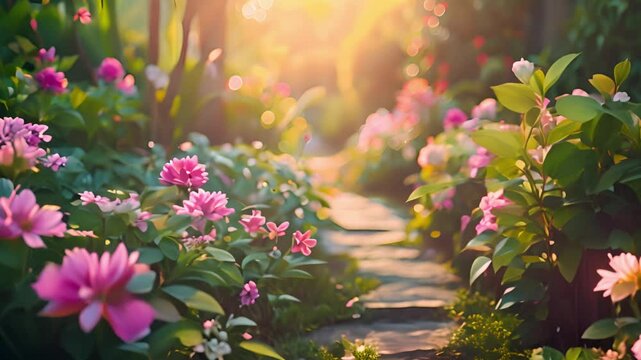 Cozy road with flowers and sunlight. Fantasy pink Roses Flowers bloom and Road leads forward in Fabulous mystical Paradise Garden, mysterious Fairy Tale Summer floral Background with glowing sun Rays,