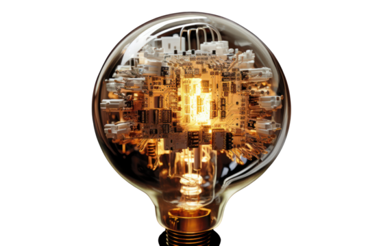 shot of an LED light bulb, showcasing the intricate details of its filament and circuitry, isolated on a white background - Powered by Adobe