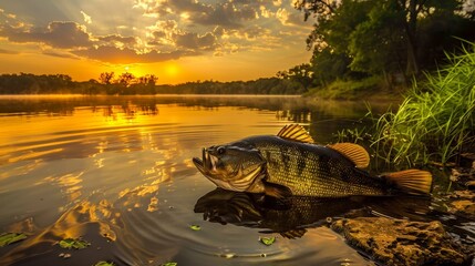 Fototapeta premium Giant bass surfaces in serene waters at sunrise near forest edge under golden sky