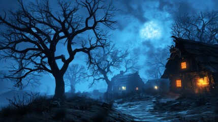 Spooky night landscape with glowing windows in a rustic cabin, twisted trees, and a full moon casting eerie blue light.