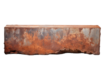 A close-up shot of a weathered steel beam, its surface etched with rust and time, isolated on a white background.