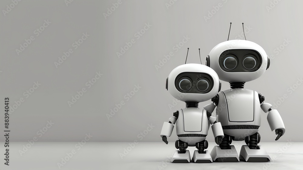 Poster two white robots with big eyes are standing side-by-side on a gray background.
