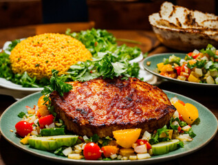 delicious meal, perfectly grilled barbecue meats, savored a decadent dessert, food cooked has a unique flavor, especially when the barbecue includes both savory meats and sweet desserts