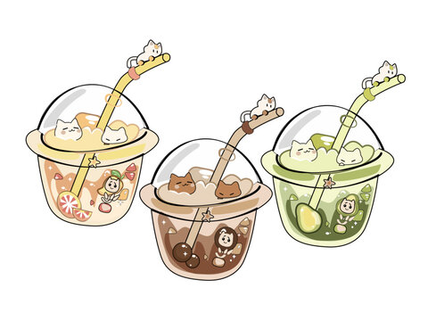 Cute cups of set sticker kawaii icon vector design. Adorable cute ice drinks, with positive emotions, japanese, oriental culture symbol anime, facial expression