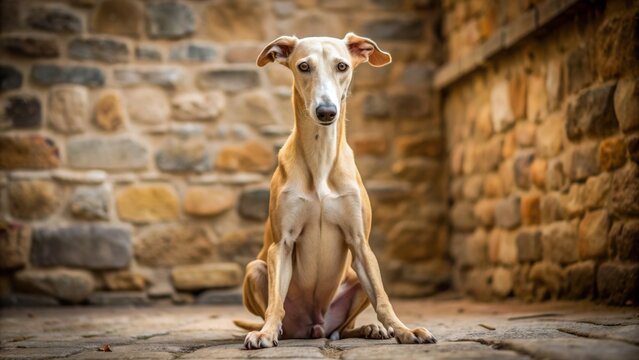 Majestic beige galgo dog with soulful brown eyes, flappy ears, and gentle expression sits alone on a rustic stone floor.