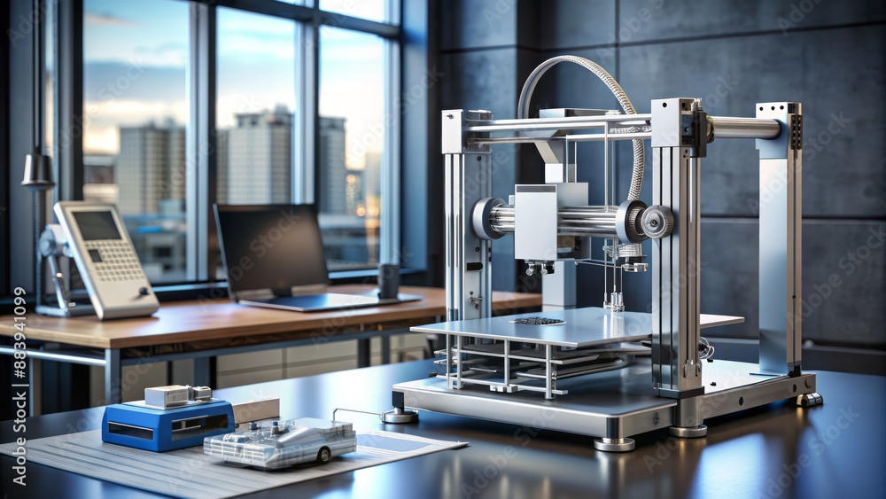 Poster modern silver 3d printer machine sitting on a black table surrounded by scattered blueprints and sle