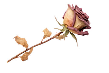 A close-up shot of a single dried rose, isolated on a white background.