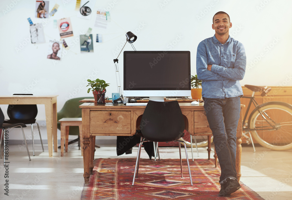 Poster startup, creative and portrait of businessman with computer for seo research, website and internet. 