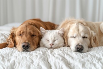 Fototapeta na wymiar A Labrador dog with a cat on a white bed. Pets sleep together under white warm blanket on a bed at home