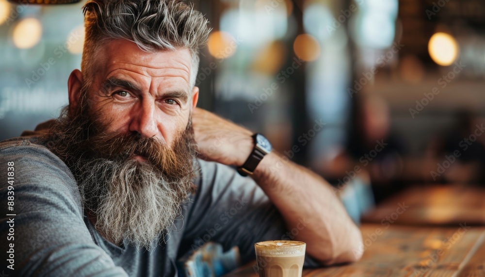Poster man with beard savoring coffee at cafe table with blurred background, space for text