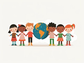 Fototapeta premium Together for Peace: Diverse Children Holding Hands Around the Globe in Flat Design Symbolizing Unity and Harmony, Generative Ai