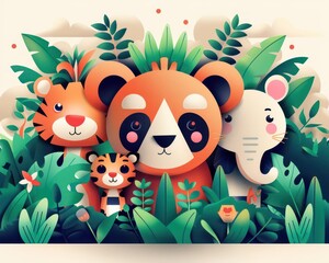 Vibrant Flat Design Illustration of Endangered Animals in Lush Habitat, Promoting Wildlife Conservation, Generative Ai