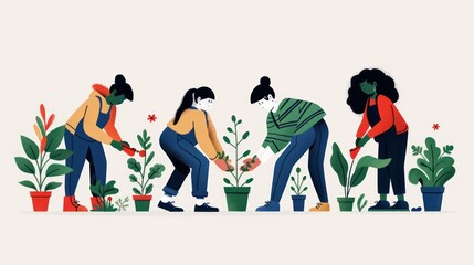 Community Gardeners Taking Local Environmental Action - Flat Design Illustration, Generative Ai