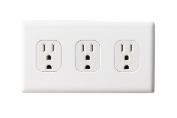 A close-up photo of a white power outlet with three prongs, isolated on a white background