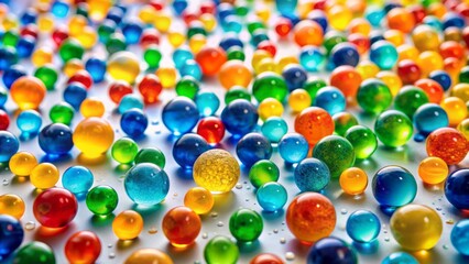 Vibrant miniature spheres of blue, green, yellow, orange, and red water droplets scattered on a pristine smooth white background.