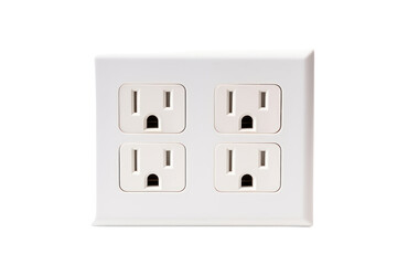 A close-up photo of a white power outlet with three prongs, isolated on a white background