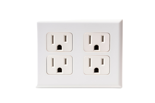 A close-up photo of a white power outlet with three prongs, isolated on a white background