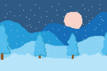 winter pixel art image, there is a beautiful high mountain surrounded by pine trees covered in snow	