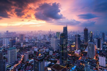 Fototapeta premium Manila's Skyscrapers Glimmering Under a Sunset Sky