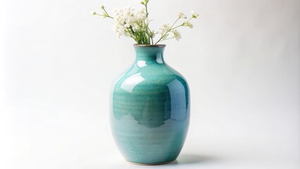Solo ceramic vessel in serene blue hue resting on pristine white backdrop, exuding simplicity and subtle elegance.