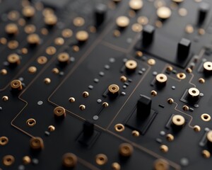 Fototapeta premium Close up of black pcb with gold connectors, advanced circuitry technology concept