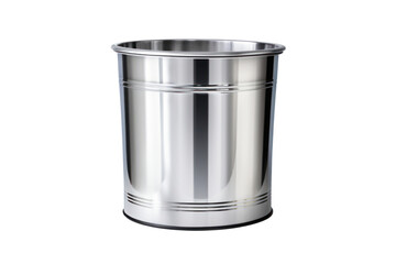 A classic still life painting of a gleaming stainless steel trash can, perfectly centered on a white background.
